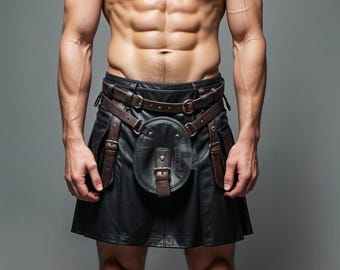 Gladiator Leather Kilt - Genuine Leather Black Kilt For Men, Handmade Cosplay Costume, Scottish Leather Skirt, Steampunk Leather Costume