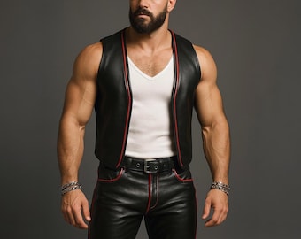 Handgemaakt zwart leren bikervest – mouwloos gilet met open voorkant