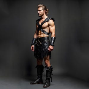 May include: A man wearing a black leather kilt with fringe, a black leather harness, and black leather arm bands. He is wearing black leather boots.