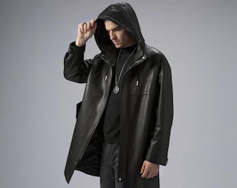 Cappotto con cappuccio in vera pelle fatto a mano da uomo - Trench gotico