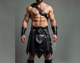 Handmade Leather Gladiator Kilt & Harness | Barbarian Cosplay Costume