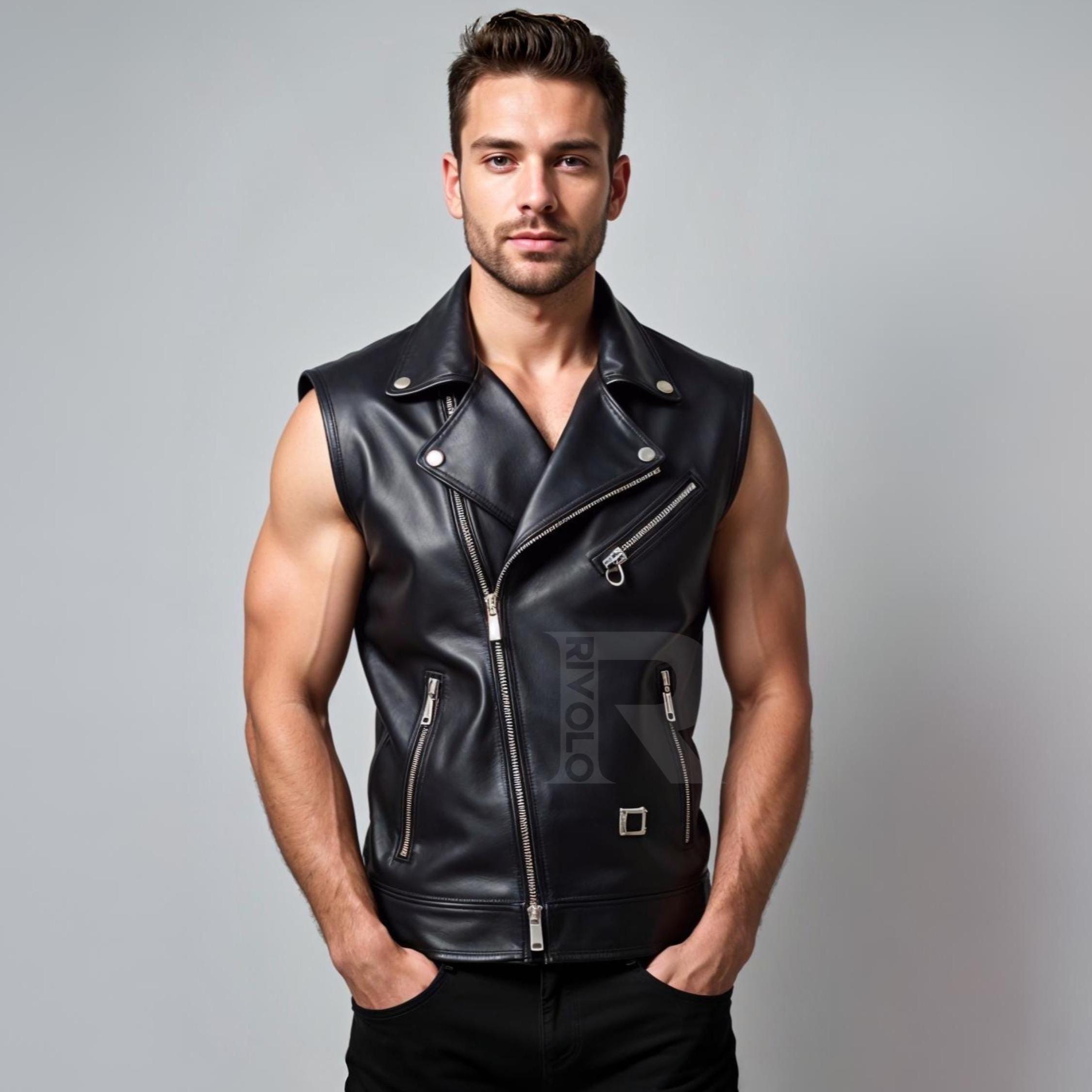 Men's Black Leather Biker Vest: Sleeveless Rocker Jacket - Etsy Canada