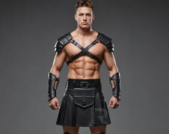 Kilt de gladiador artesanal em couro com arnês | Fantasia para cosplay