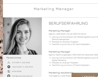 Könnte beinhalten: Ein Schwarzweißfoto einer lächelnden Frau. Der Text auf der Seite lautet "Marlene Schneider, Marketing Managerin". Die Seite enthält auch einen Abschnitt mit dem Titel "Berufserfahrung" mit einer Liste ihrer Berufserfahrung als Marketing Managerin.