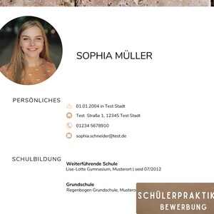 May include: A CV for Sophia Müller, featuring a headshot, personal details, and education information. The CV includes contact information, dates of attendance, and school names.