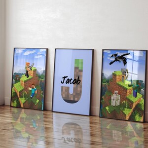 Set di 3 poster Minecraft personalizzati / Tema Minecraft / Decorazioni per la camera da letto delle bambine / Camera da letto dei ragazzi / Ispirazione per la camera da letto / Stampe personalizzate