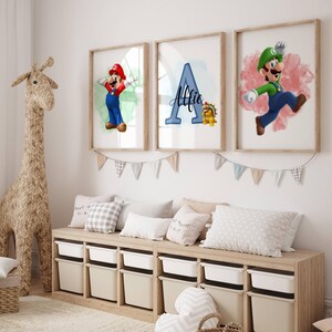 Set of 3 personalised Super Mario Posters /  Mario and Luigi / Girls Bedroom Decor / Boys Bedroom / Bedroom Inspiration / Personalised Print