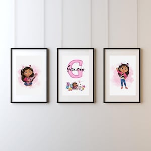 Set of 3 Personalised Gabby's Dollhouse Print / Character Design / Cartoon Theme / Girls Bedroom / Pink Theme