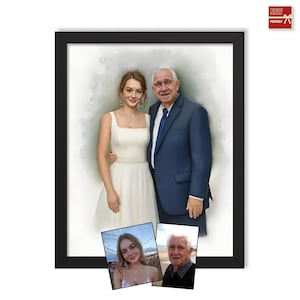 May include: A framed portrait of a young woman in a white dress and an older man in a blue suit, with two smaller photo inserts at the bottom. The portrait has a watercolour-like background and a black frame. A red tag in the top right corner says "NEW PORTRAIT".