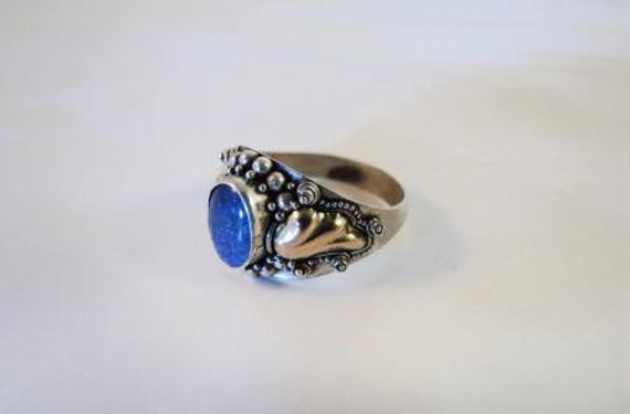 Sterling Silver Gold Plated Blue Cabochon Ring - image 1