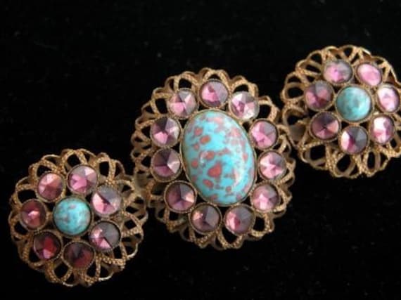 Kandell & Marcus NY (1940s)  Gilt Brooch W/ Earri… - image 1