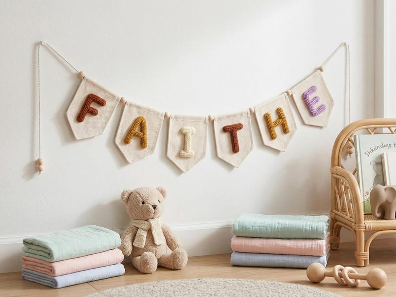 Puede incluir: Un cartel con la palabra "FAITHE" cuelga sobre un oso de peluche, mantas y un juguete de madera. El cartel tiene banderines beige con letras coloridas y texturizadas. La escena est&aacute; ambientada en una pared blanca, creando un ambiente acogedor.