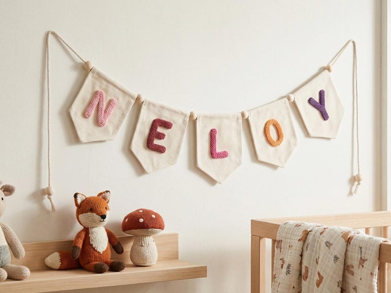 Puede incluir: Un cartel de guarder&iacute;a con la palabra "NELOY" con banderines de tela y letras de punto en rosa, burdeos y naranja. Un peluche de zorro y seta se encuentra en una estanter&iacute;a de madera debajo del cartel.