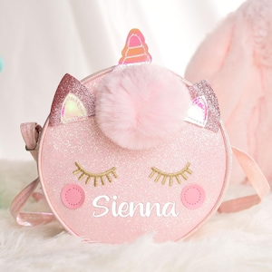 Einhorn Kleinkind Geldbörse, Einhorn Crossbody Tasche, Einhorn Tasche mit Namen, benutzerdefinierte Blumenmädchen Geschenk, kleine Mädchen Geburtstagsgeschenk, rosa Handtasche