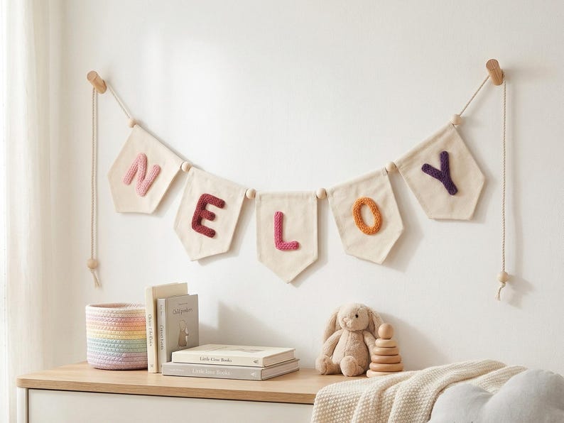 Puede incluir: Un cartel con el nombre "NELOY" cuelga de una pared. Las letras son de color rosa, burdeos y naranja sobre banderines blanquecinos. Un conejito de peluche, anillos de madera apilables y libros est&aacute;n sobre una superficie de madera.