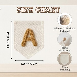 Puede incluir: Una tabla de tallas para una pancarta con la letra "A". La pancarta mide 14 cm de alto y 10 cm de ancho. Incluye una cuerda de 3 metros (118 pulgadas), cuentas y banderas. El texto "SIZE CHART" est&aacute; en la parte superior.