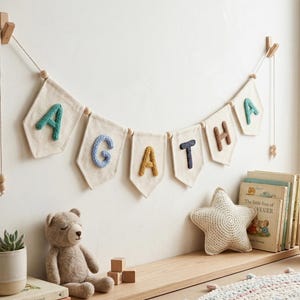 Puede incluir: Un cartel con banderas de tela individuales que deletrean "AGATHA", cada bandera muestra una letra en un color diferente. Las letras son en turquesa, azul, amarillo, marr&oacute;n y azul marino. El cartel est&aacute; colgado en una pared blanca sobre una estanter&iacute;a de madera.