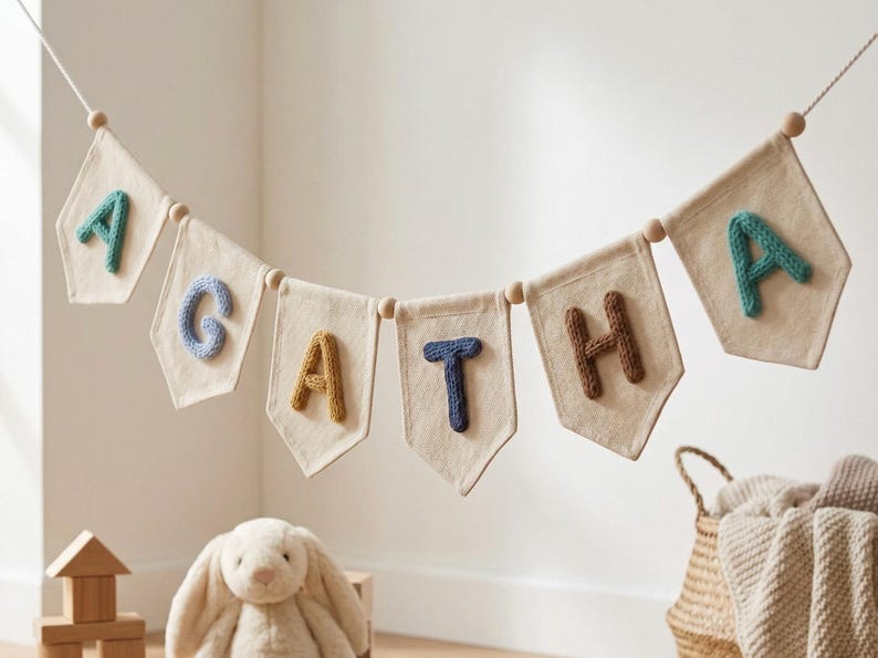 Puede incluir: Una guirnalda con la palabra "AGATHA" cuelga de una cuerda. Cada bandera es de color beige claro con una cuenta de madera en la parte superior. Las letras est&aacute;n tejidas en tonos de azul, marr&oacute;n y amarillo. Un conejito de peluche y bloques de madera est&aacute;n en primer plano.