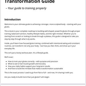Op de afbeelding: Een e-book cover getiteld "My Ultimate Glute Transformation Guide" met de slogan "Uw gids voor correct trainen". De gids belooft te helpen bij het opbouwen van goed gevormde bilspieren door middel van training, voeding en mindset. De afbeelding toont ook een vrouw in sportkleding.