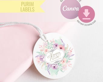 Purim Editable Labels, Mishloach Manos Stickers, Canva Template, Round and Square Shalach Manos Printable Tags for Gift, Instant download
