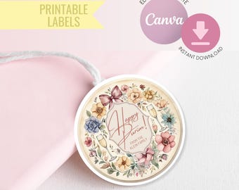Editable Labels, Purim Mishloach Manos Stickers, Thank You Labels, Canva Template, Round Tags for Gift, Instant download, Vintage Watercolor