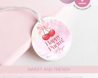 Purim Editable Labels, Mishloach Manos Stickers, Canva Template, Watercolor Cherry Coquette Bows, Shalach Manos, Printable Tags for Gift