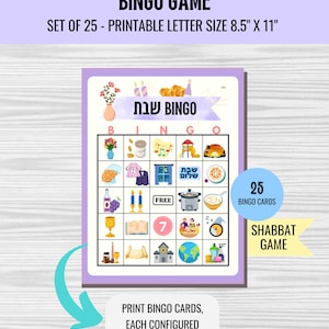 Könnte beinhalten: Druckbares Schabbat-Bingo-Spiel mit lila Rand. Das Spiel enthält 25 Bingo-Karten, die jeweils einzigartig konfiguriert sind. Die Karte zeigt Illustrationen von Schabbat-bezogenen Gegenständen und den Text "Shabbos/Shabbat Bingo Game". Die Karte ist 21,6 cm x 27,9 cm groß.