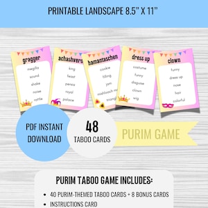 Op de afbeelding: Een printbaar Purim Taboo-spel met 48 kaarten. Het spel bevat 40 Purim-thema Taboo-kaarten en 8 bonuskaarten. Het spel bevat ook een instructiekaart. Het spel is gedrukt op papier van 8,5 x 11 inch.