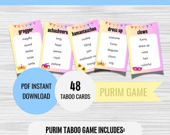 Purim TABOO Game (48 Cards) - PDF Download, Printable