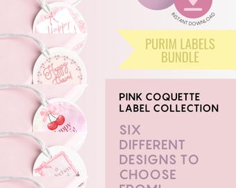 Purim Labels BUNDLE, Editable, 6 Pink Coquette designs, Mishloach Manos Stickers, Canva Template, Shalach Manos, Printable Tags for Gift