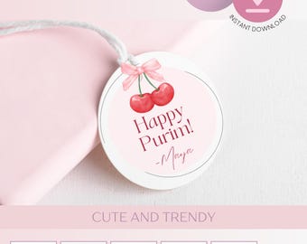 Purim Editable Labels, Mishloach Manos Stickers, Canva Template, Pink Cherry Coquette Bows, Shalach Manos, Printable Tags for Gift