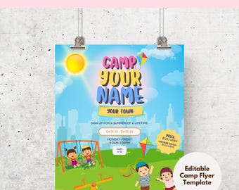 Summer Camp Flyer Editable Canva Template, Version 2: City Skyline - For Badic Canva and Canva Pro