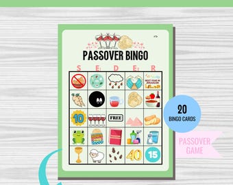 Passover Bingo (20 Bingo card game) Printable for School, Family, Temple, Chabad House Activity, Pesach Game - PDF Download,  Digital File