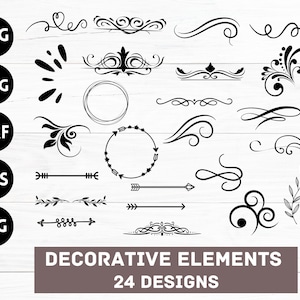 May include: A set of 24 black and white decorative elements, including swirls, arrows, and floral designs. The text "Decorative Elements 24 Designs" is at the bottom of the image.
