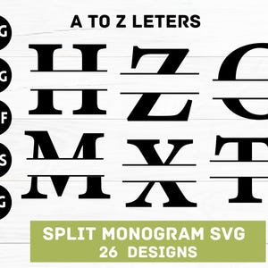 Alfabeto de monograma dividido SVG, DXF, PNG, Alfabeto de marco de monograma dividido, Archivo de corte para Cricut, Silhouette, 26 archivos de corte Svg, Png, Dxf individuales