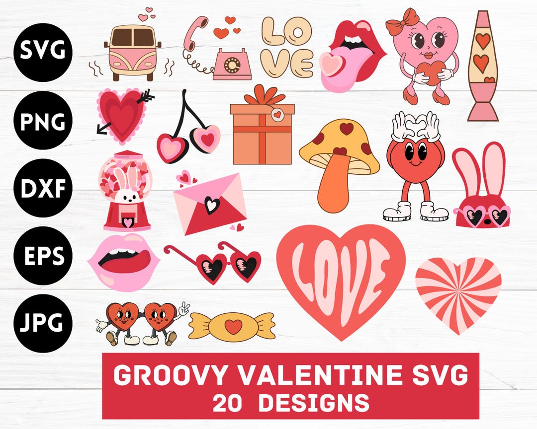 Retro Valentines Png Bundle, Retro Valentine Svg, Groovy Valentine Png ...
