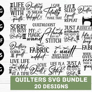 Puede incluir: Un conjunto de 20 diseños SVG para acolchar. Los diseños presentan varias citas e ilustraciones con temática de acolchado, incluida una máquina de coser, una bobina de hilo y tijeras. Los diseños son perfectos para crear proyectos de acolchado personalizados, como camisetas, bolsas de mano y decoración del hogar.