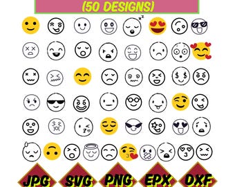 Cartoon Emotion Faces SVG Bundle, Kawaii Face SVG, Cute Funny Face SVG, Emoji face, cartoon face clipart, comics face, png, silhouette