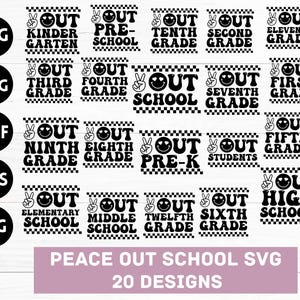 Peace Out School SVG, Ultimo giorno di scuola Svg, Fine della scuola Svg, Laurea, Insegnante, Testo ondulato retrò, Download digitale Png, Dxf, File Eps