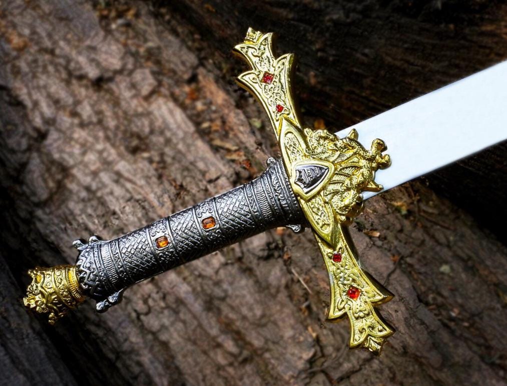 Handmade King Arthur Excalibur Sword | Crown Pommel, Leather Sheath ...