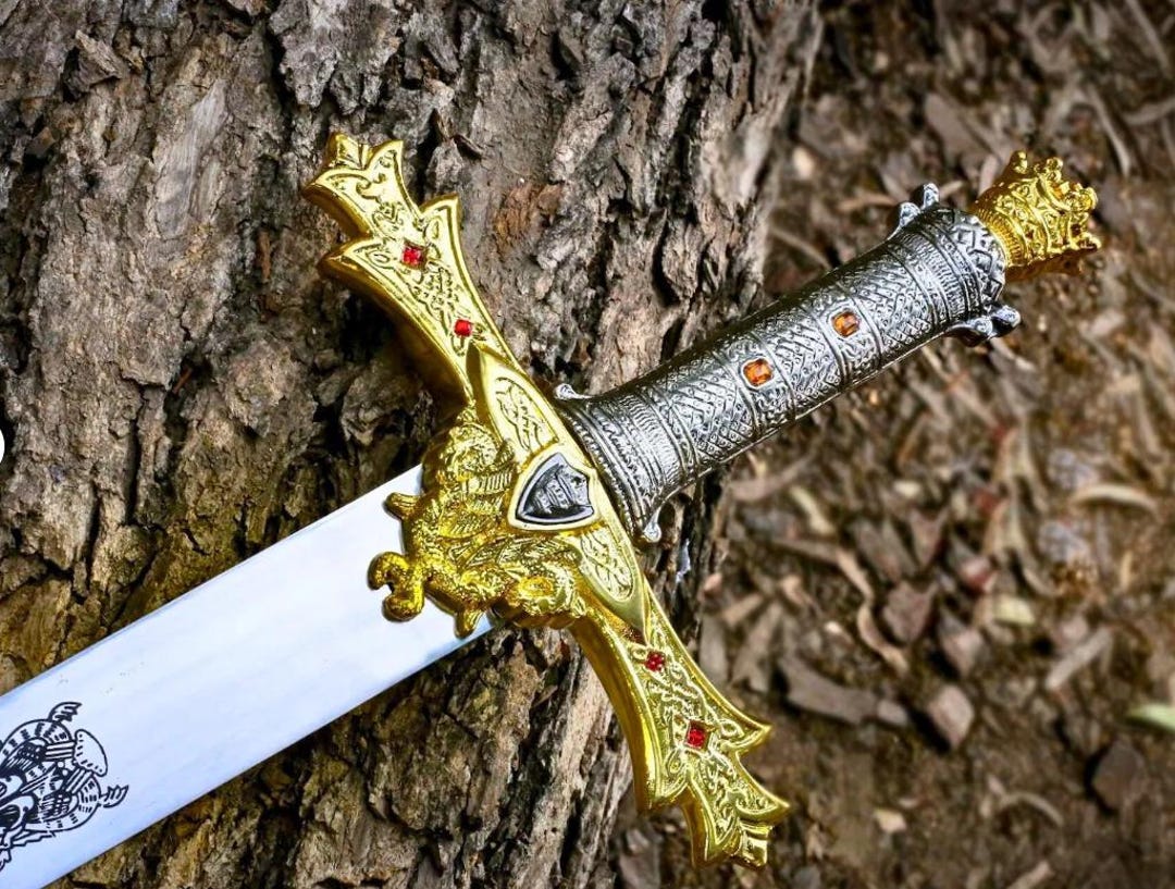 Handmade King Arthur Excalibur Sword | Crown Pommel, Leather Sheath ...