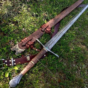 Hand Forged Medieval Longsword | High Carbon Steel Sword with Tooled Leather Scabbard