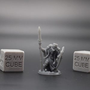 May include: A gray resin miniature figure of a warrior standing on an oval base, holding a tall spear in one hand and a shield in the other. The figure is flanked by two gray cubes, each clearly marked with the text 25 MM CUBE on its side.