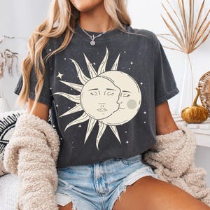 Mystical Sun and Moon Face T-shirt Comfort Colors,Hippie Clothing Women, vintage bohemian attire,Yin Yang Tee,gift women hippy,Chic Style