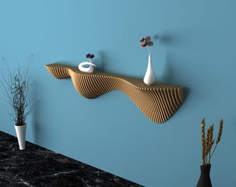 Estante de madera ondulado artesanal: decoración de pared paramétrica flotante