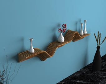 Estante de pared moderno de madera ondulada: diseño flotante paramétrico