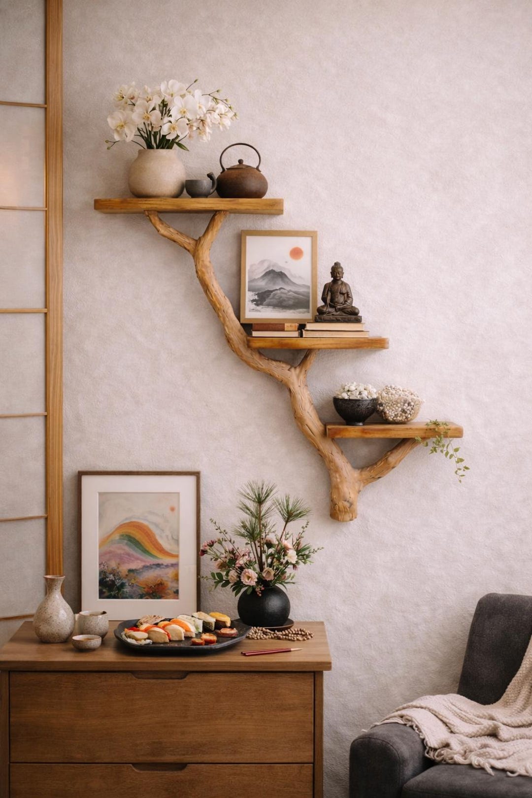 Tree Branch Wall Shelf, Rustic Wooden Wall Decor, Solid Wood Floating ...
