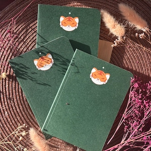 May include: Three green notebooks, each with a tiger face sticker. They are arranged on a woven brown surface, with dried flowers and plants in the background. The tiger face is orange and white.