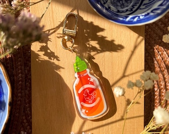 Cute Sriracha Bottle Keychain, Double Sided Acrylic with Epoxy Finish
