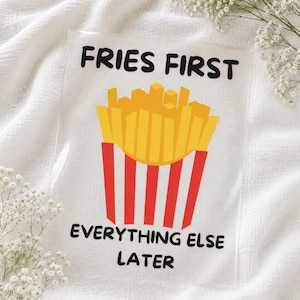 Pommes Bügelbild Kinder | DTF Bügelbild "Fries First" | Aufbügler T-Shirt | Retro Bügeltransfer | A5